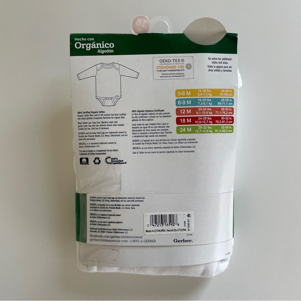 Gerber Organic 3 Long Sleeve Onesies, white - Picture 6 of 11